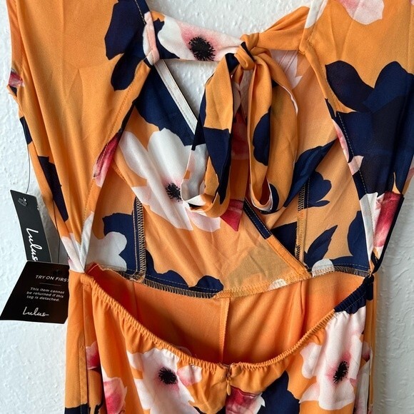 Lulus Heart Abloom Orange Floral Print Tie-Back Wide-Leg Sleeveless Jumpsuit XS - Picture 6 of 12